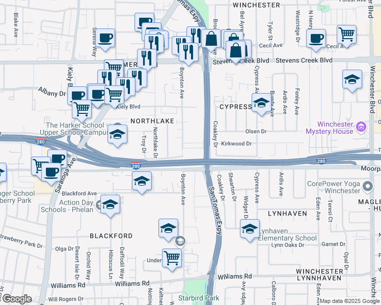 map of restaurants, bars, coffee shops, grocery stores, and more near 3670 Greenlee Drive in San Jose
