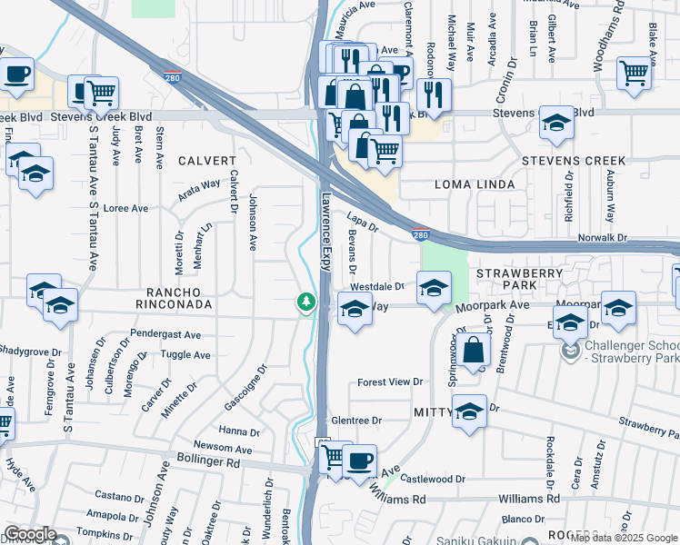 map of restaurants, bars, coffee shops, grocery stores, and more near 546 Doyle Road in San Jose
