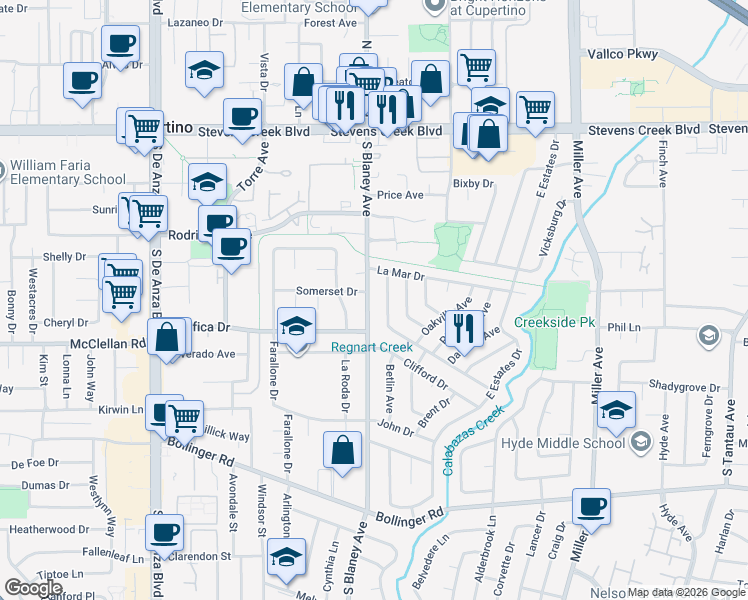 map of restaurants, bars, coffee shops, grocery stores, and more near 10393 South Blaney Avenue in Cupertino