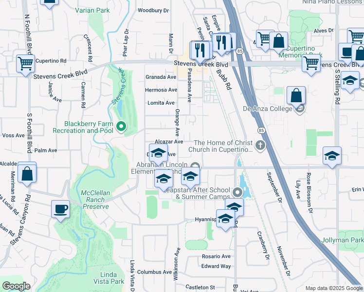 map of restaurants, bars, coffee shops, grocery stores, and more near 21740 Alcazar Avenue in Cupertino