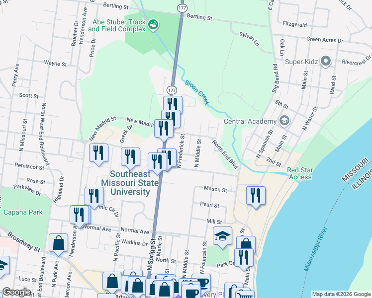 map of restaurants, bars, coffee shops, grocery stores, and more near 1000 North Frederick Street in Cape Girardeau