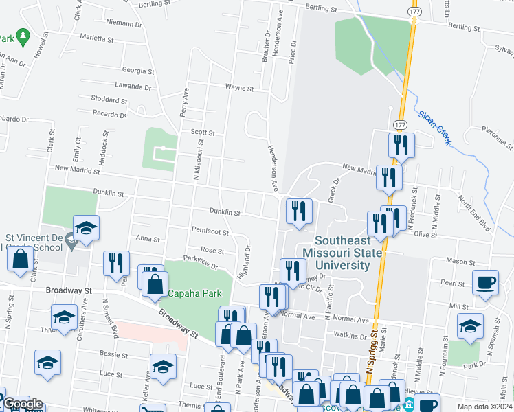 map of restaurants, bars, coffee shops, grocery stores, and more near 803 North Park Avenue in Cape Girardeau