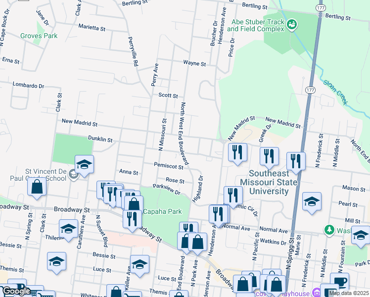 map of restaurants, bars, coffee shops, grocery stores, and more near 1414 Dunklin Street in Cape Girardeau