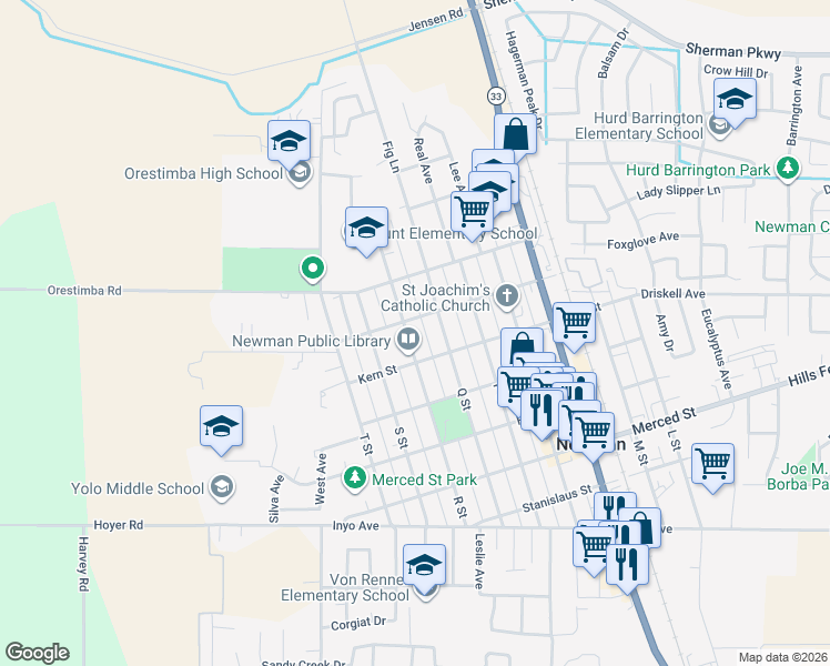 map of restaurants, bars, coffee shops, grocery stores, and more near 1120 R Street in Newman