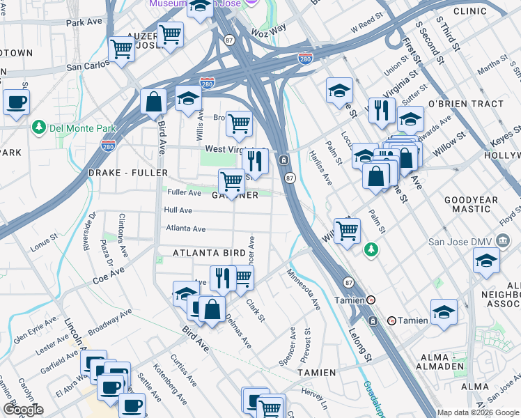 map of restaurants, bars, coffee shops, grocery stores, and more near 363 Hull Avenue in San Jose