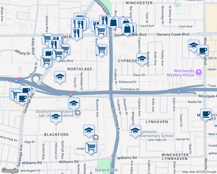 map of restaurants, bars, coffee shops, grocery stores, and more near 3670 Greenlee Drive in San Jose