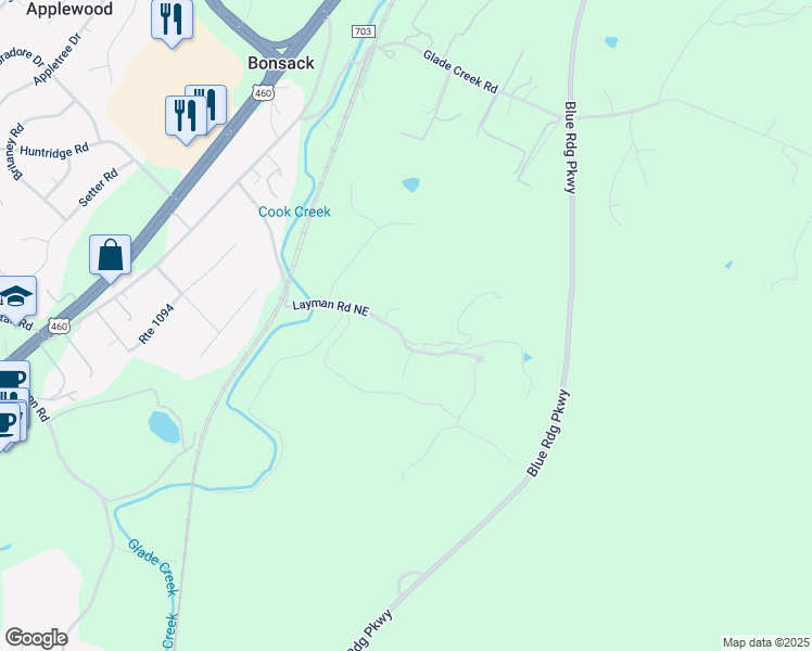 map of restaurants, bars, coffee shops, grocery stores, and more near 4720 Layman Road in Roanoke