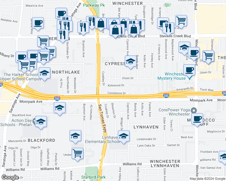 map of restaurants, bars, coffee shops, grocery stores, and more near 3559 Constance Drive in San Jose