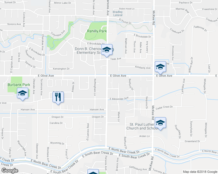 map of restaurants, bars, coffee shops, grocery stores, and more near 1701 Elayne Drive in Merced
