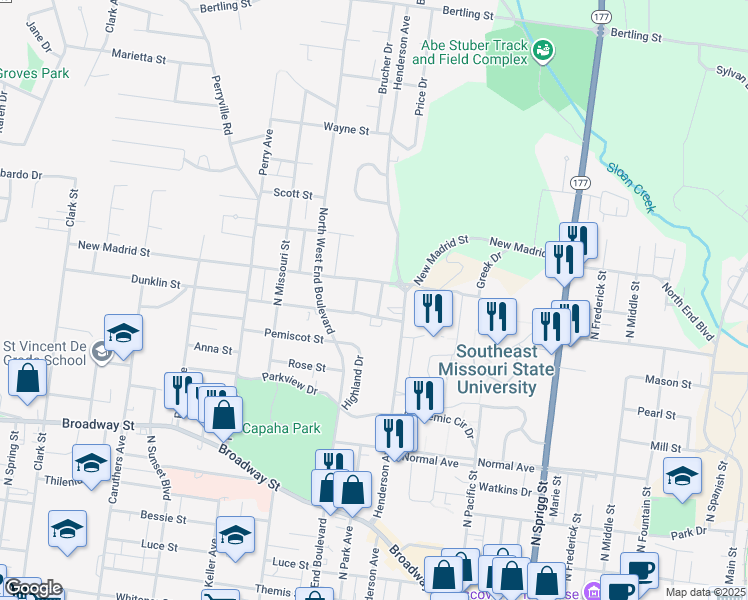 map of restaurants, bars, coffee shops, grocery stores, and more near 803 North Park Avenue in Cape Girardeau