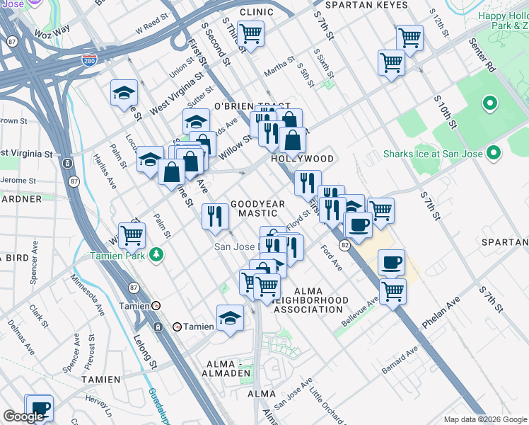 map of restaurants, bars, coffee shops, grocery stores, and more near 1210 Mastic Street in San Jose