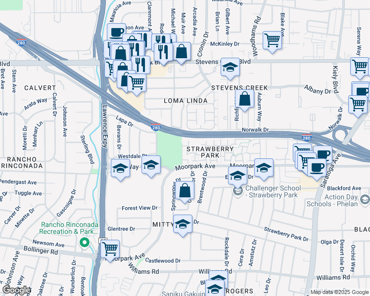 map of restaurants, bars, coffee shops, grocery stores, and more near 4898 Cherrythorne Lane in San Jose