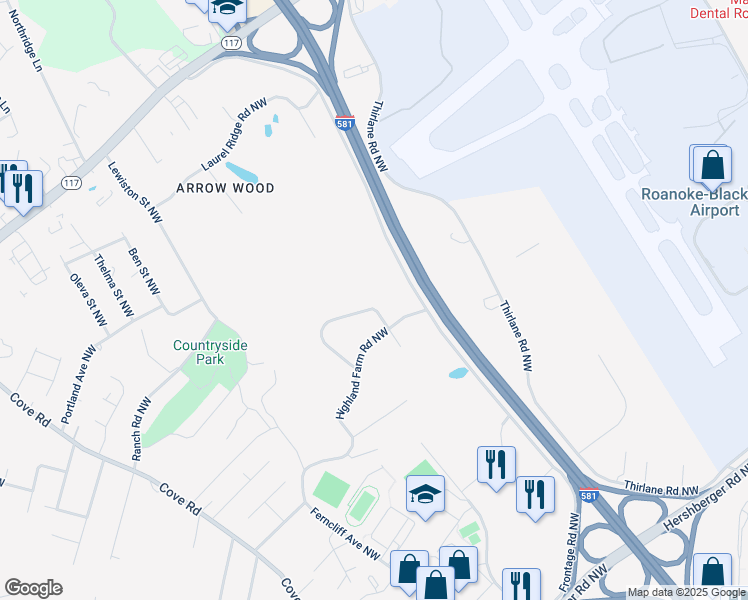map of restaurants, bars, coffee shops, grocery stores, and more near 2458 Tuckawana Circle Northwest in Roanoke