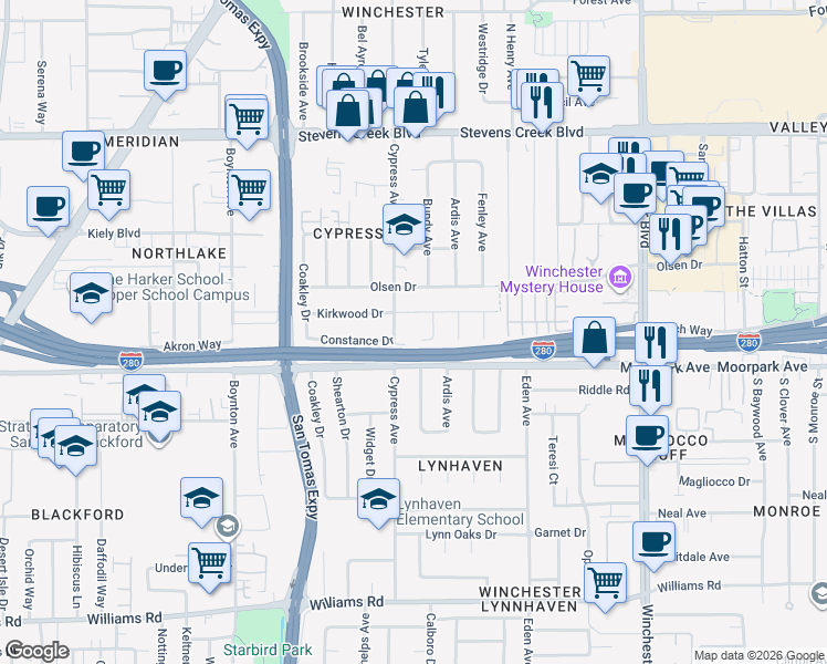 map of restaurants, bars, coffee shops, grocery stores, and more near 565 Marge Way in San Jose