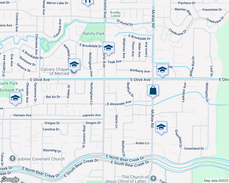map of restaurants, bars, coffee shops, grocery stores, and more near 3049 Marie Court in Merced