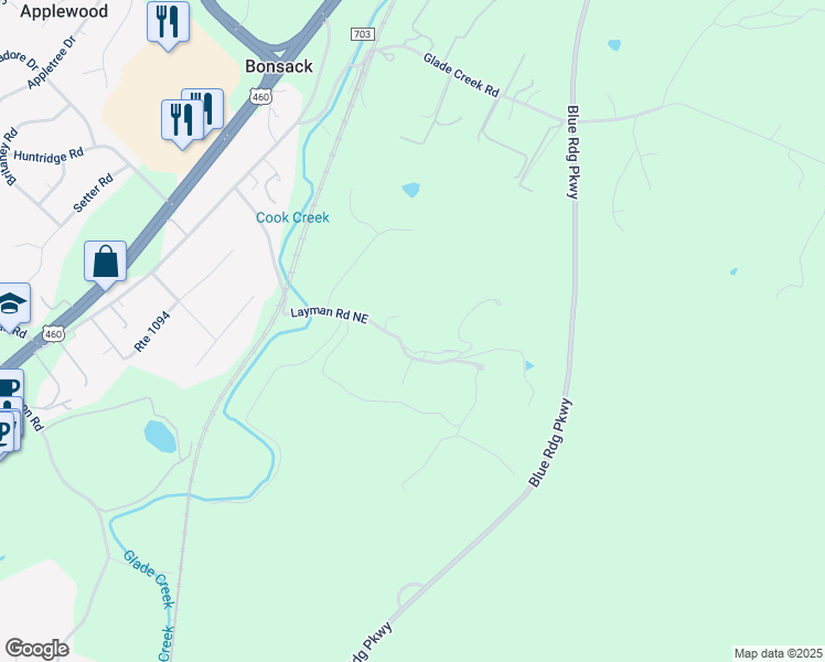 map of restaurants, bars, coffee shops, grocery stores, and more near 4720 Layman Road in Roanoke