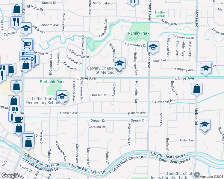 map of restaurants, bars, coffee shops, grocery stores, and more near 3051 Aspen Street in Merced