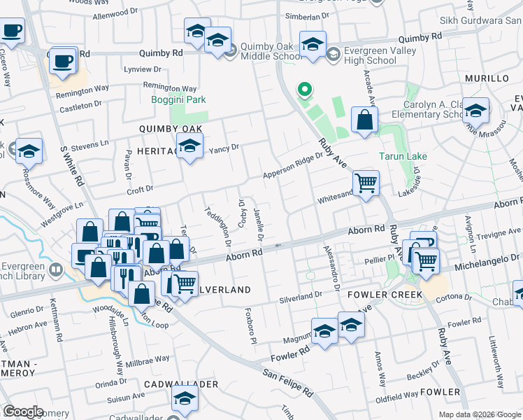map of restaurants, bars, coffee shops, grocery stores, and more near 3255 Janelle Drive in San Jose