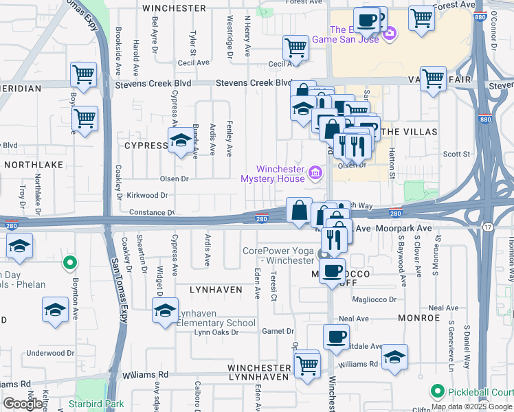 map of restaurants, bars, coffee shops, grocery stores, and more near 712 Wisteria Court in San Jose