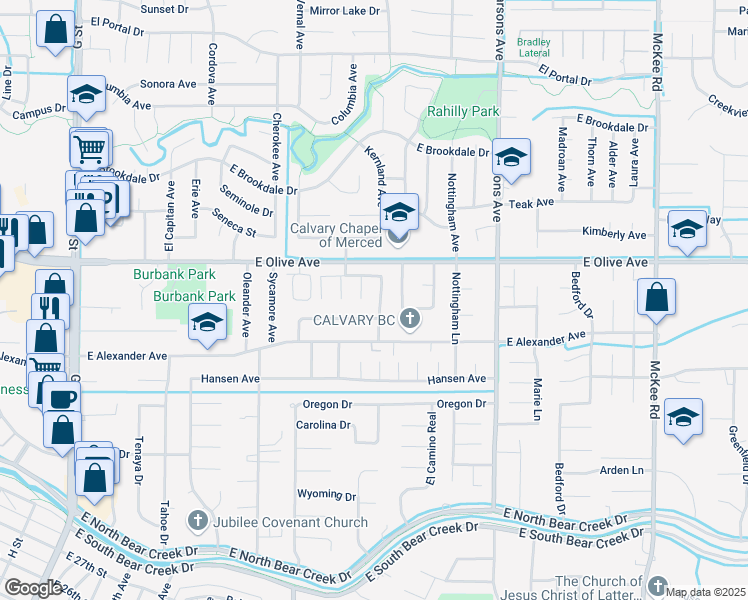 map of restaurants, bars, coffee shops, grocery stores, and more near 3051 Aspen Street in Merced
