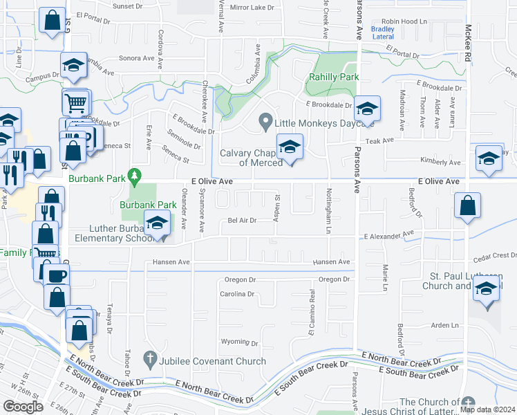 map of restaurants, bars, coffee shops, grocery stores, and more near 3051 Ironwood Court in Merced