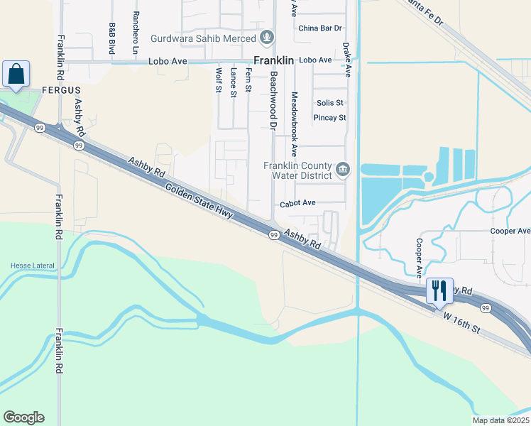 map of restaurants, bars, coffee shops, grocery stores, and more near 1950 Ashby Road in Merced
