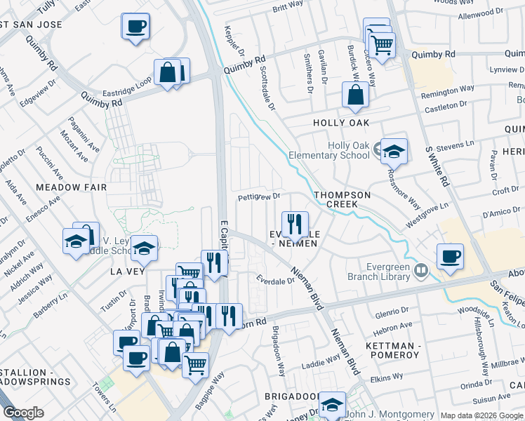 map of restaurants, bars, coffee shops, grocery stores, and more near 2983 Calle De Las Estrella in San Jose