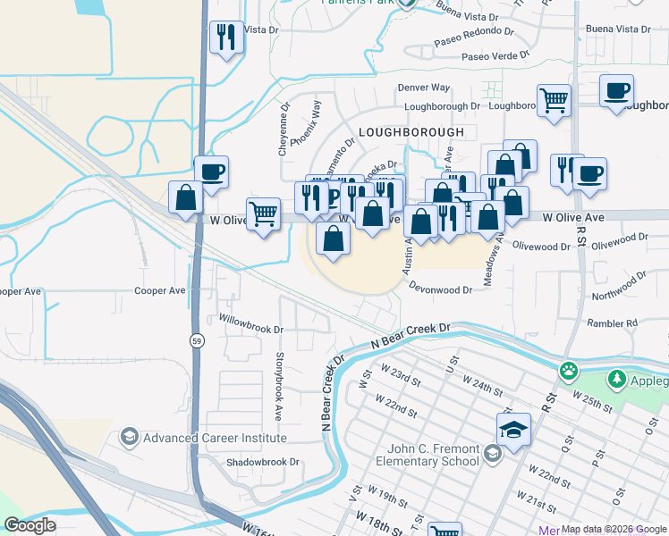 map of restaurants, bars, coffee shops, grocery stores, and more near 1764 West Olive Avenue in Merced