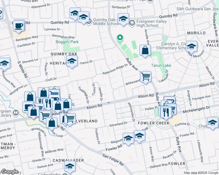 map of restaurants, bars, coffee shops, grocery stores, and more near 3259 Whiterose Drive in San Jose