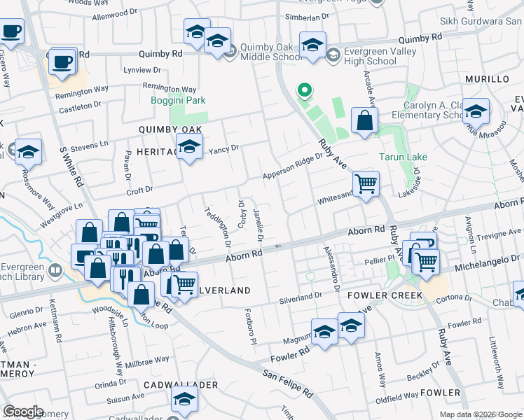 map of restaurants, bars, coffee shops, grocery stores, and more near 3255 Janelle Drive in San Jose
