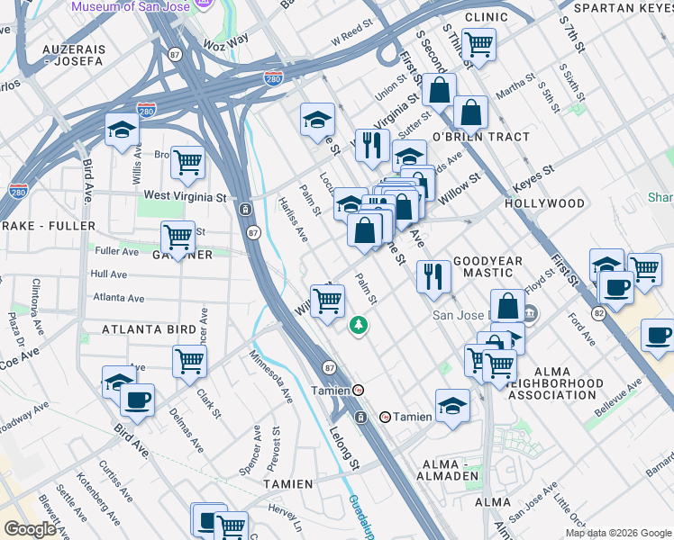 map of restaurants, bars, coffee shops, grocery stores, and more near 346 Willow Street in San Jose