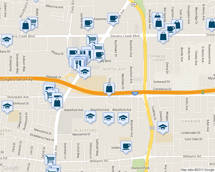 map of restaurants, bars, coffee shops, grocery stores, and more near 563 Troy Drive in San Jose