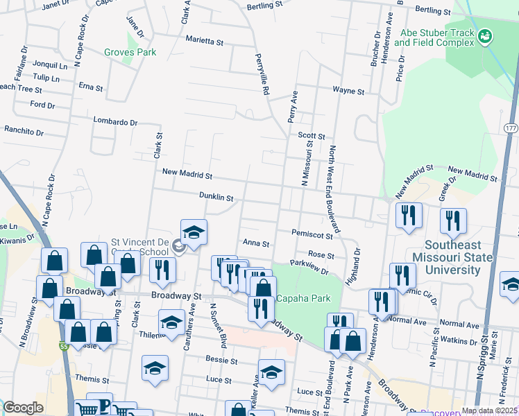 map of restaurants, bars, coffee shops, grocery stores, and more near 1721 Dunklin Street in Cape Girardeau