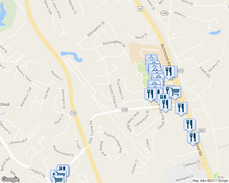 map of restaurants, bars, coffee shops, grocery stores, and more near 5536 Scotts Pond Drive in Williamsburg
