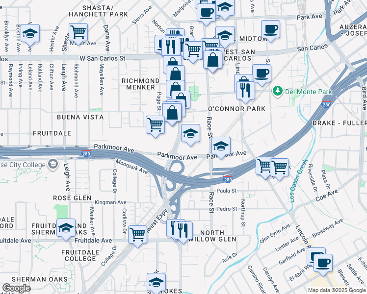map of restaurants, bars, coffee shops, grocery stores, and more near 590 Meridian Avenue in San Jose