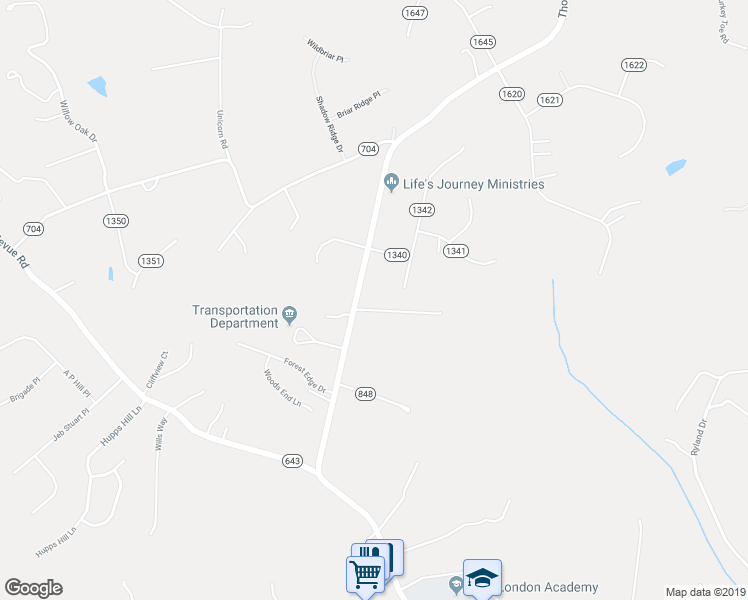 map of restaurants, bars, coffee shops, grocery stores, and more near 5374 Thomas Jefferson Road in Forest