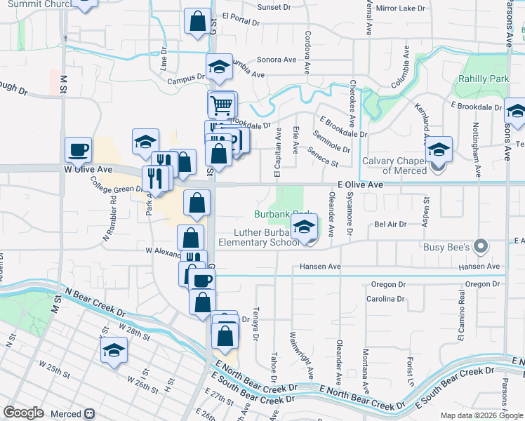 map of restaurants, bars, coffee shops, grocery stores, and more near 3058 El Capitan Avenue in Merced