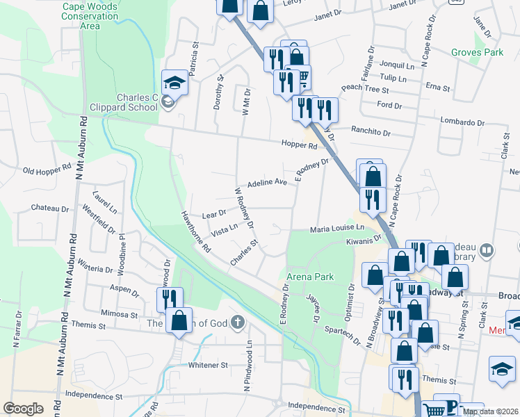 map of restaurants, bars, coffee shops, grocery stores, and more near 2731 Chrysler Ave in Cape Girardeau