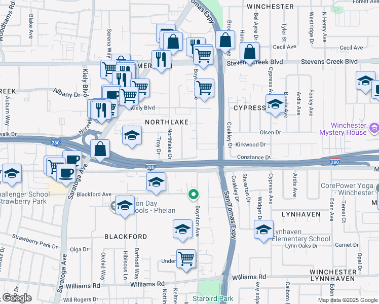 map of restaurants, bars, coffee shops, grocery stores, and more near 539 Boynton Avenue in San Jose