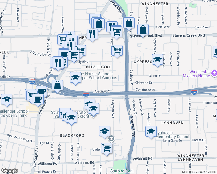 map of restaurants, bars, coffee shops, grocery stores, and more near 539 Boynton Avenue in San Jose