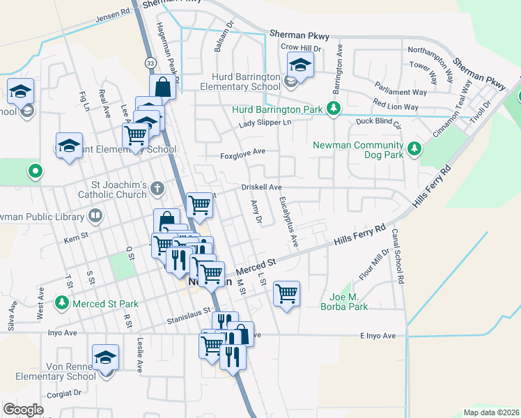 map of restaurants, bars, coffee shops, grocery stores, and more near 1222 Amy Drive in Newman