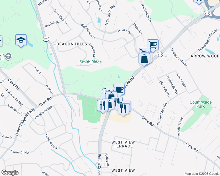 map of restaurants, bars, coffee shops, grocery stores, and more near 5035 Ridge Trail Run in Roanoke