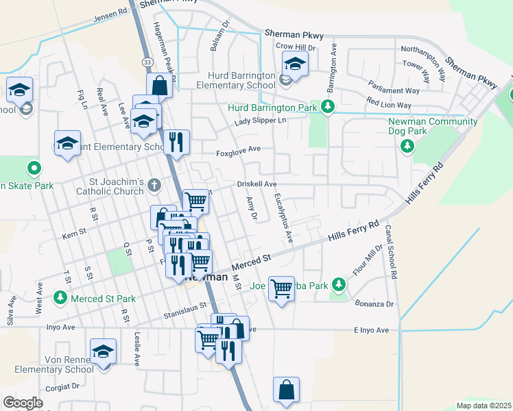 map of restaurants, bars, coffee shops, grocery stores, and more near 1222 Amy Drive in Newman