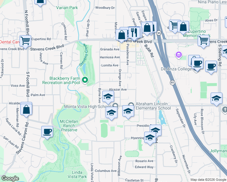 map of restaurants, bars, coffee shops, grocery stores, and more near 21828 Alcazar Avenue in Cupertino