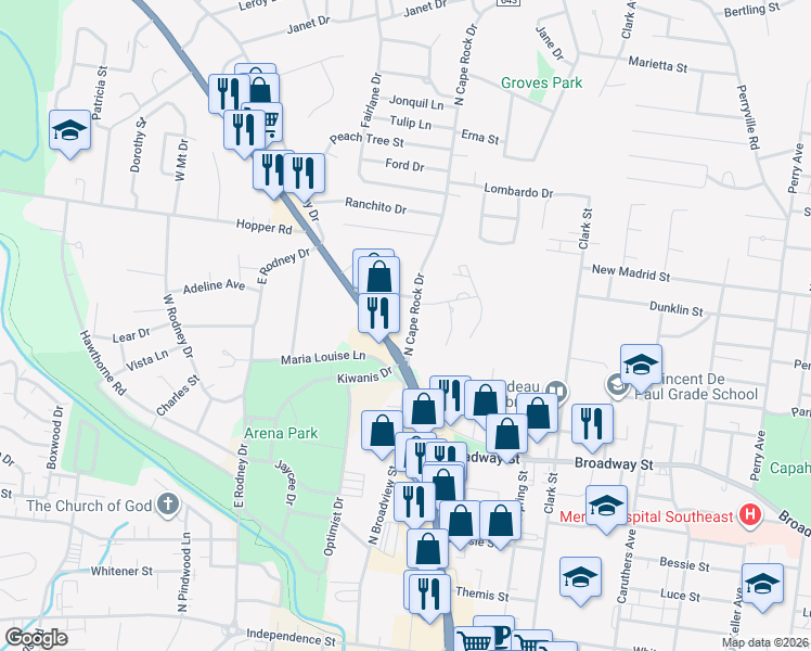 map of restaurants, bars, coffee shops, grocery stores, and more near 839 North Cape Rock Drive in Cape Girardeau