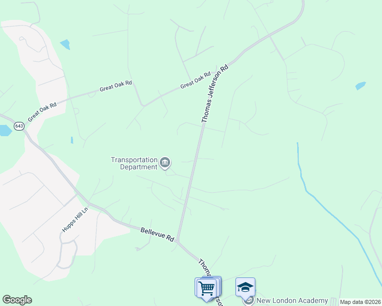 map of restaurants, bars, coffee shops, grocery stores, and more near 5374-5420 Thomas Jefferson Road in Forest