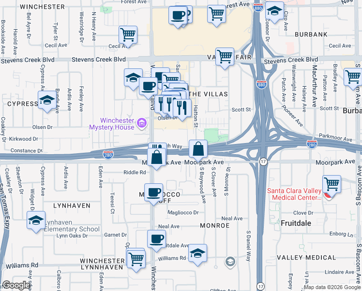 map of restaurants, bars, coffee shops, grocery stores, and more near 3031 Tisch Way in San Jose