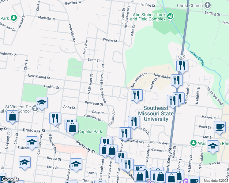 map of restaurants, bars, coffee shops, grocery stores, and more near 816 Illinois Avenue in Cape Girardeau