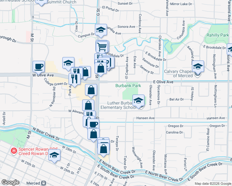 map of restaurants, bars, coffee shops, grocery stores, and more near 3061 El Capitan Avenue in Merced