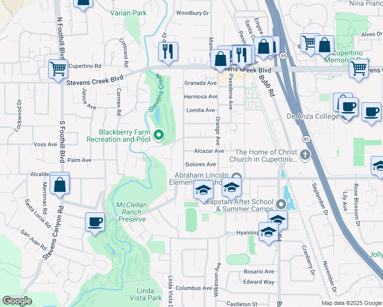 map of restaurants, bars, coffee shops, grocery stores, and more near 21910 Alcazar Avenue in Cupertino